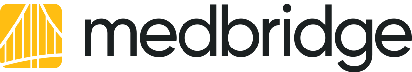 Medbridge logo with black text beside a yellow square containing white abstract lines.